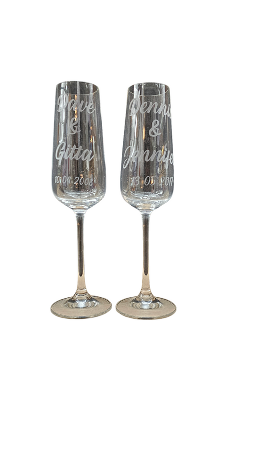 Champagneglazen met namen en datum (geëtst) 2 stuks